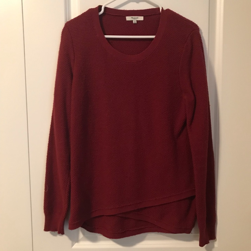 Madewell red sweater with wrap bottom detail